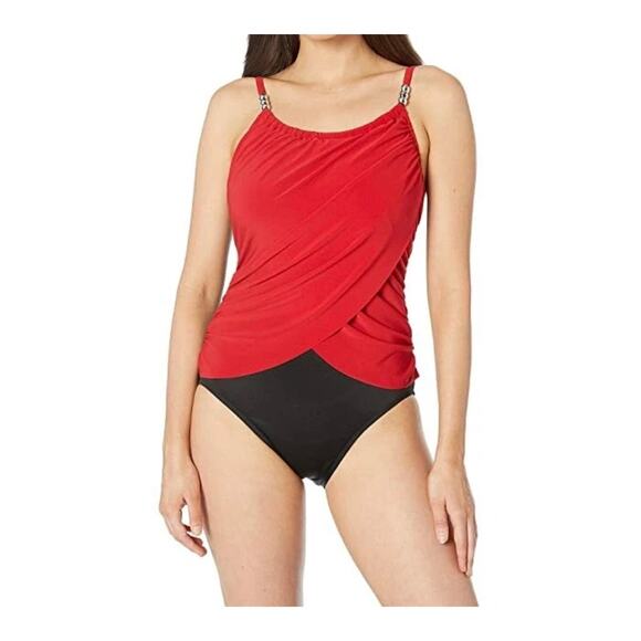 Magicsuit Lisa Swimsuit 6006255 Red Black Tummy Control Shaping Bra Size 14 - Picture 1 of 12